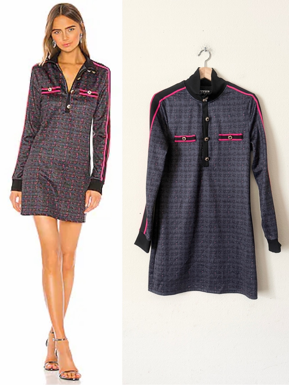 Pam & Gela MEDIUM Tweed print long sleeve mini dress in navy